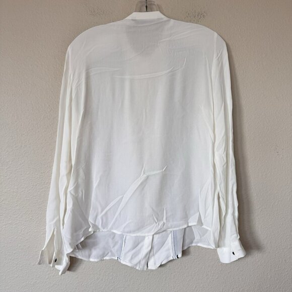 Zara White Black Contrast Crepe Collarless Button Up Blouse Medium Office Siren - Picture 7 of 7